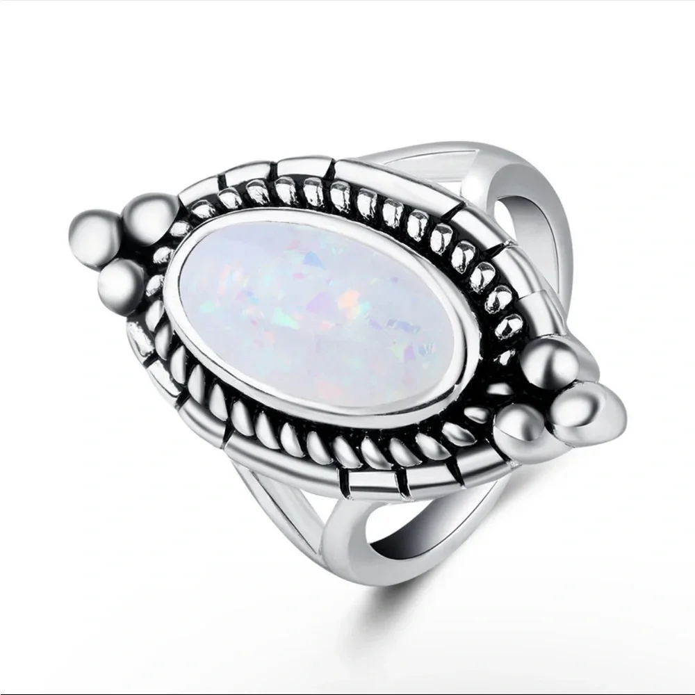 New Delicate Oval Ring White Gold Bohemian 925 Silver Retro Flower Opal Ring - Picture 7 of 8